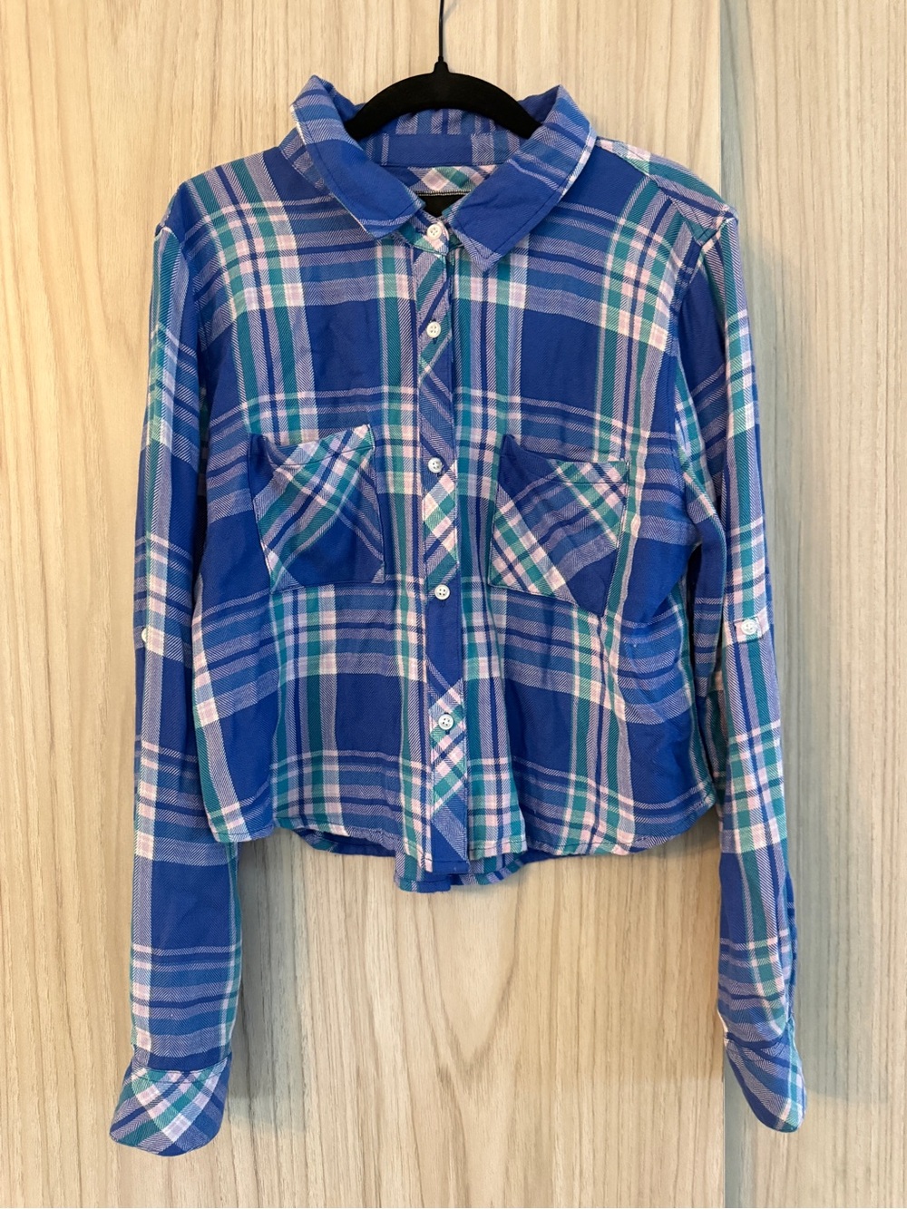 Rails Women’s Blue Plaid Button-Up Shirt Crop